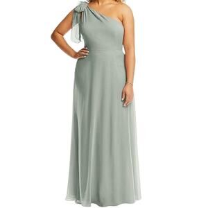 After Six Green Willow Draped One Shoulder Maxi Dress Gown with Scarf Bow 14 NWT